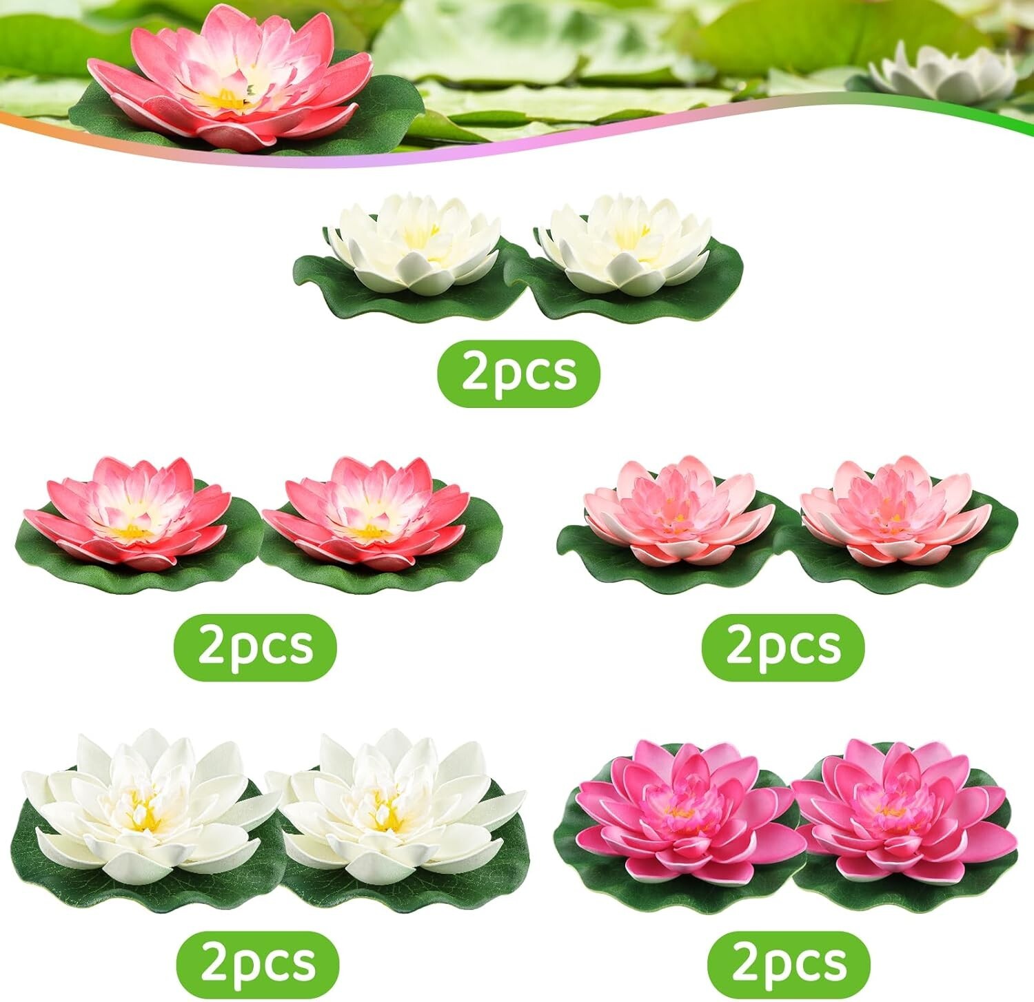 10PCS 3 Sizes Artificial Foam Lotus Floating Flowers with Water Lily Pad Orna…