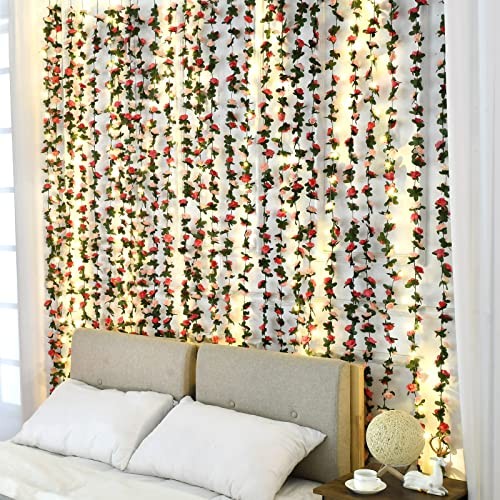 5Pcs 41Ft Flower Garland Artificial Rose Vines with 5 Pcs Pink With Lights