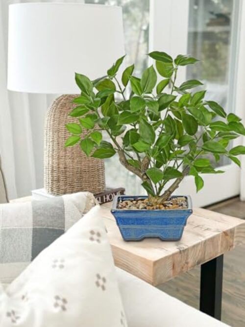 Fake Plants Small Artificial Plants Indoor 15.3″ Fake Potted Green -Blue Pot