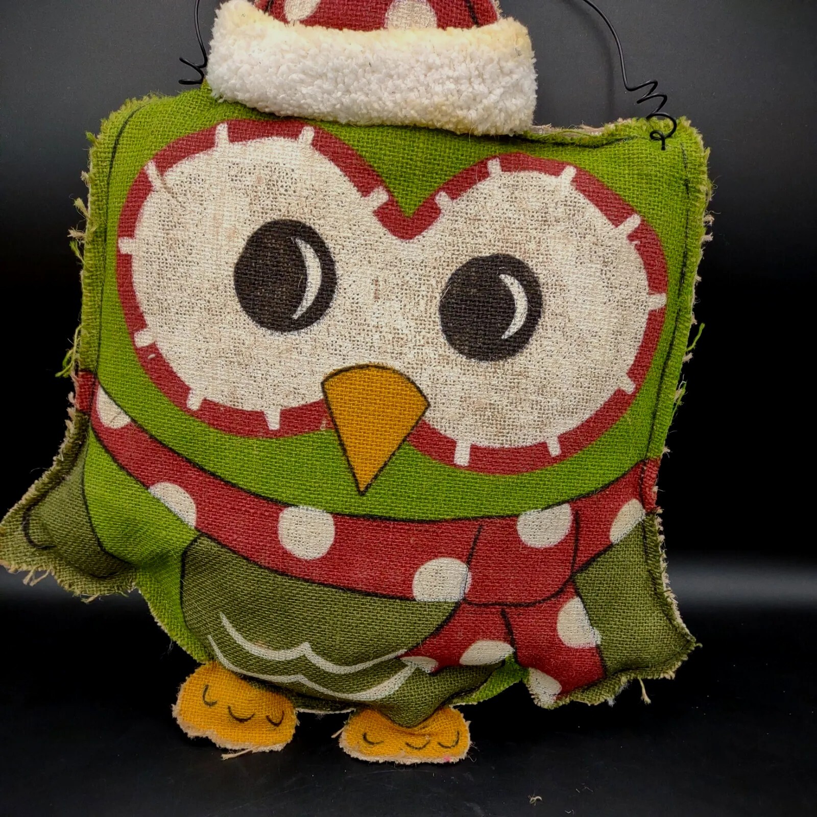 Burlap Christmas Owl Door hanger Xmas Decoration Hand Painted 21″x12″ Big