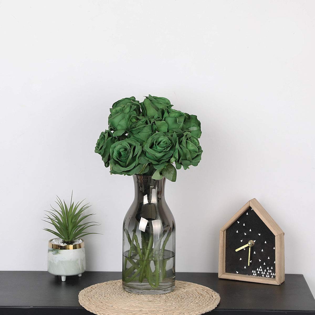 10 PCS Artificial Silk Rose Flower Bouquet Lifelike Fake Dark Green Decor