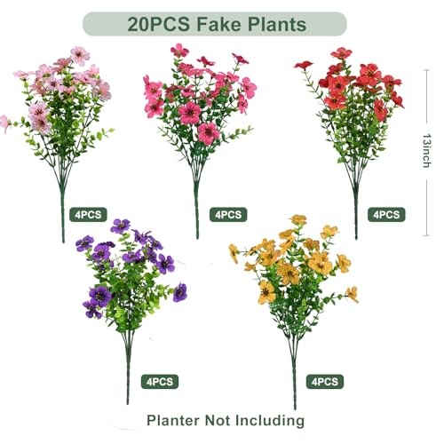 Artificial Flowers for Outdoor, UV Resistant 20 Yellow Purple Rosy Pink Red