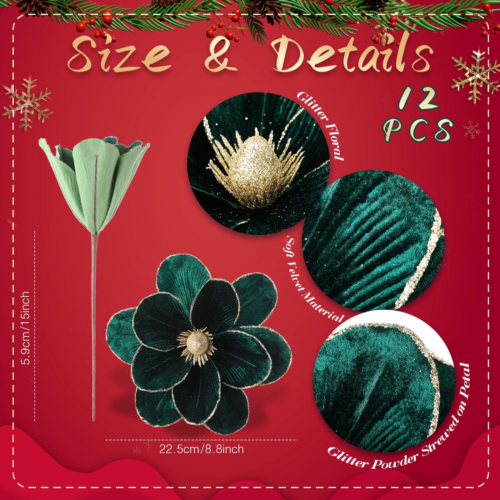 12 PCS Dark Green Large Velvet Christmas Poinsettia Magnolia Flowers Ornaments