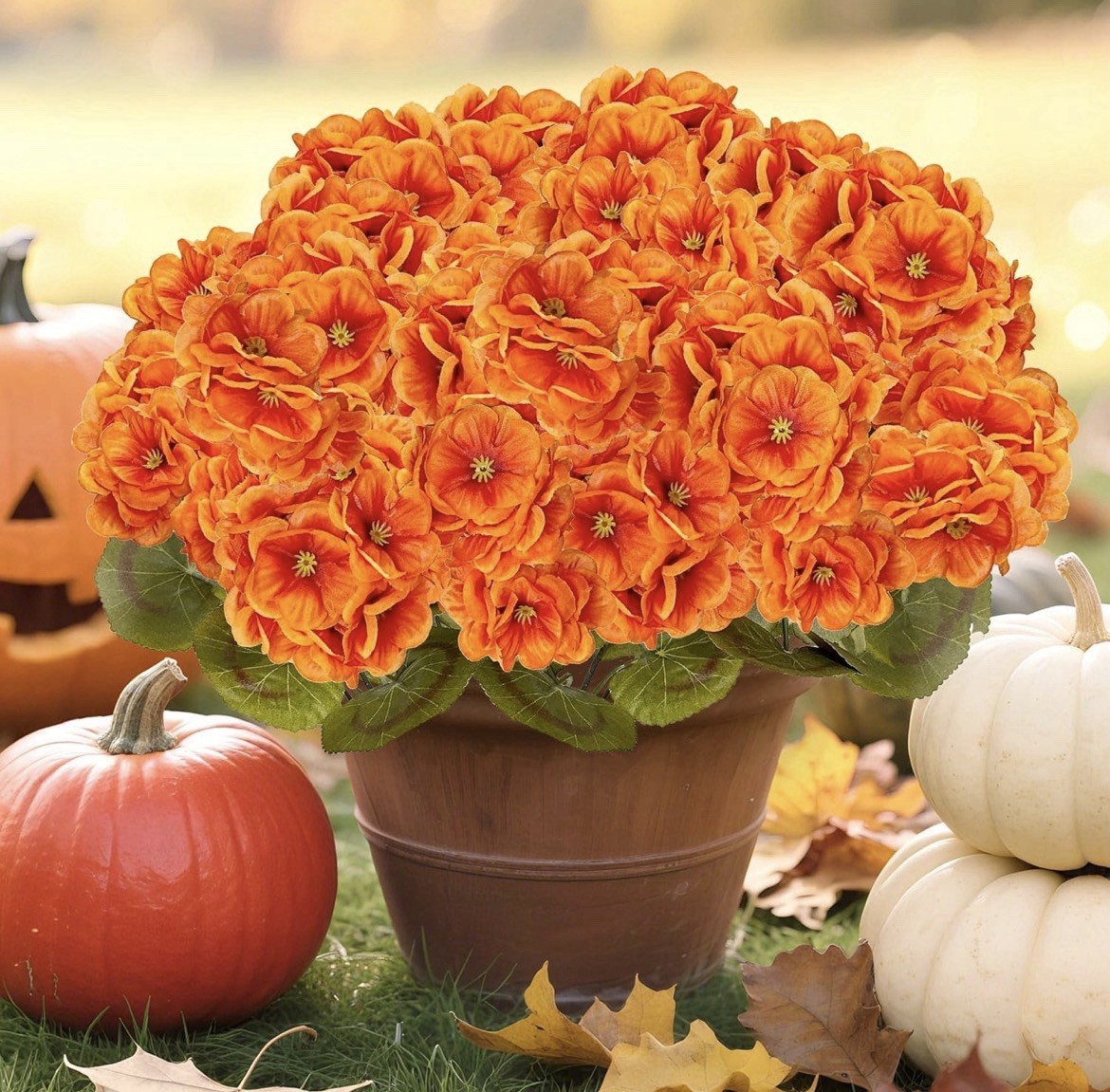 Artificial Fall Flowers Faux Geraniums Orange UV Resistant Outdoor (8 Bundles)