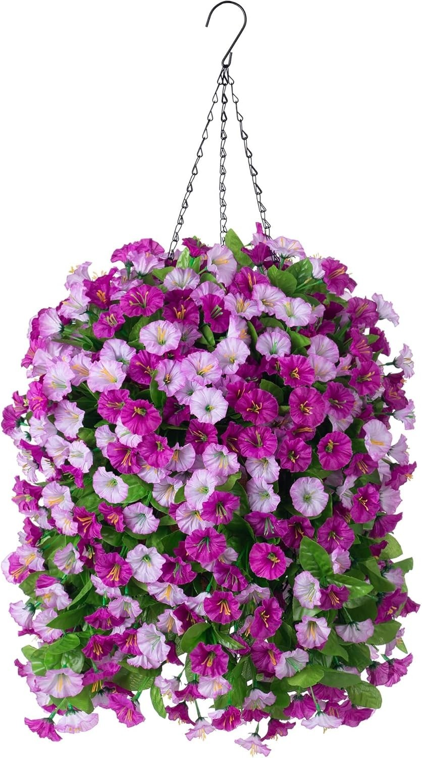 Artificial Flowers with Hanging Basket, Outdoor Faux Plants Silk Morning Glor…