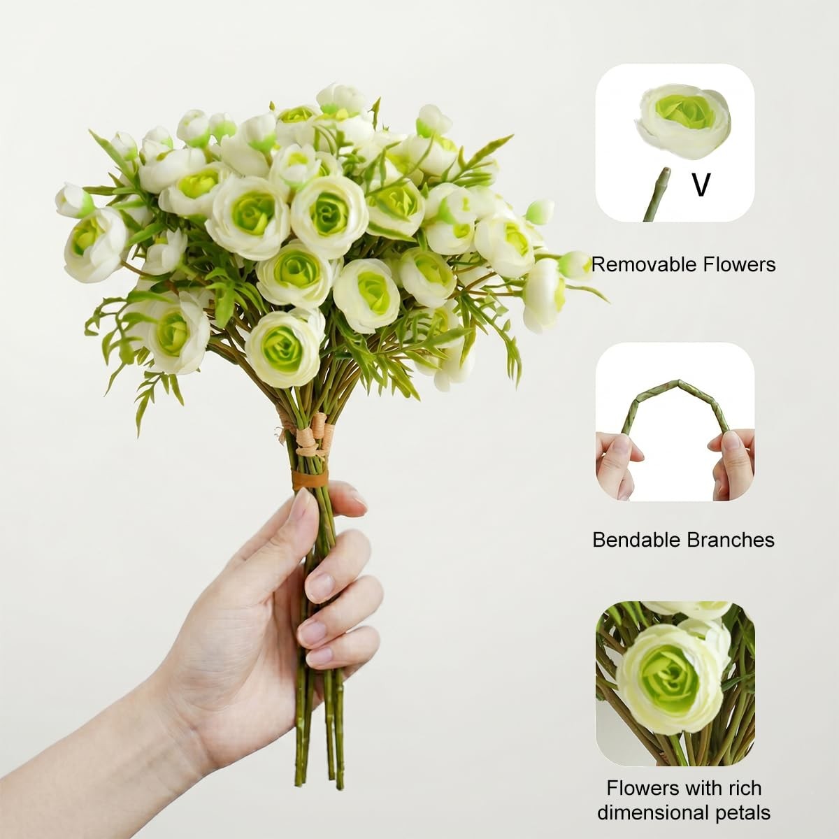 20 PCS Artificial Ranunculus Flowers Faux Silk Bouquet White Green Home Decor