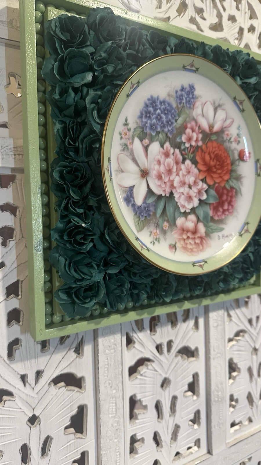 Upcycled Danbury Mint Plate 3D Wall Decor – Floral Roses Beaded Frame (12″)