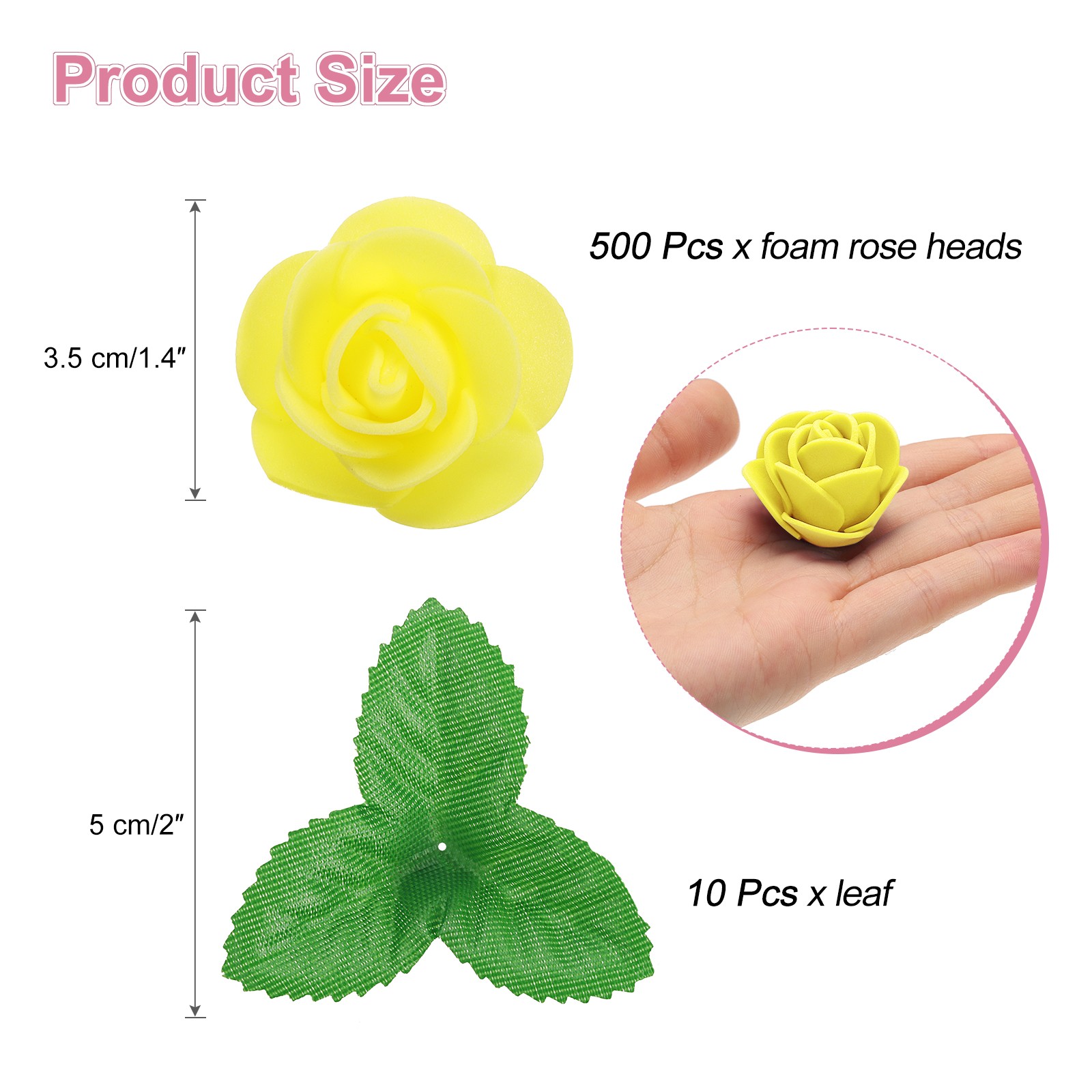 500pcs Foam Rose Heads 1.4″ with 10pcs Leaves for DIY Crafts Yellow