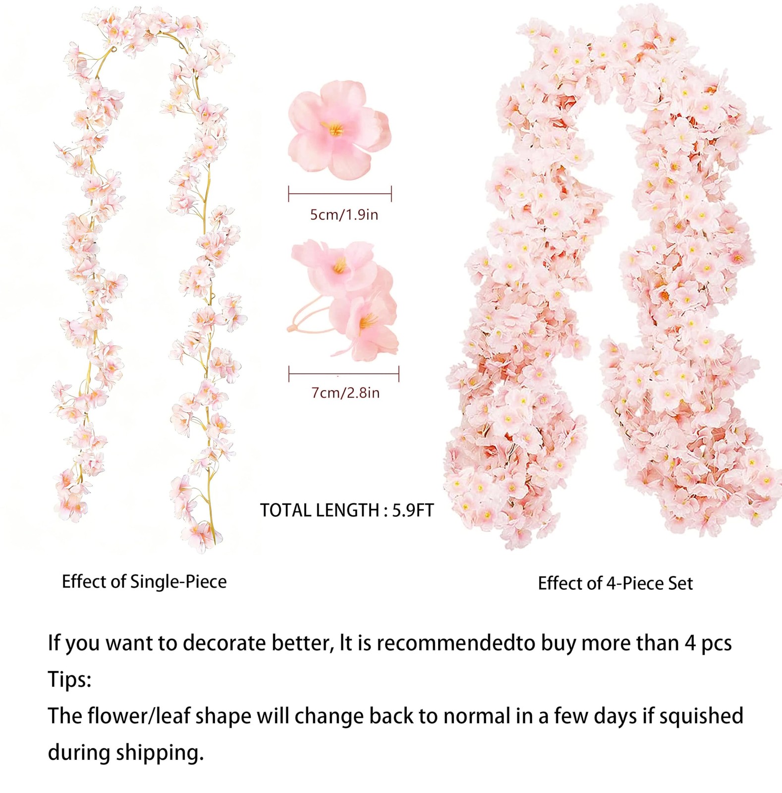 Cherry Blossom Garland Fake Cherry Flower Vines 2 Pcs Artificial Flower Garla…