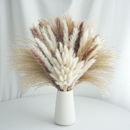 100 Pcs Natural Dried Pampas Grass & White Bunny Tails, 17″ Fluffy 100PCS-White