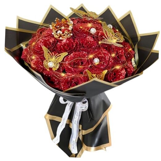 Red Glitter Roses Bouquet, 24 Pcs Shiny Glitter Flowers Bouquet, 24 PCS Red-a