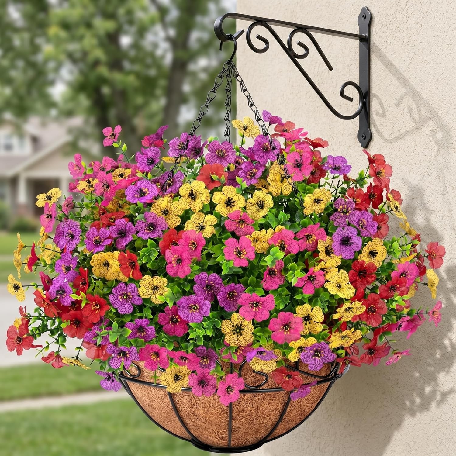Artificial Hanging Flowers in Basket for Patio Garden Porch Deck Decor Outdoors
