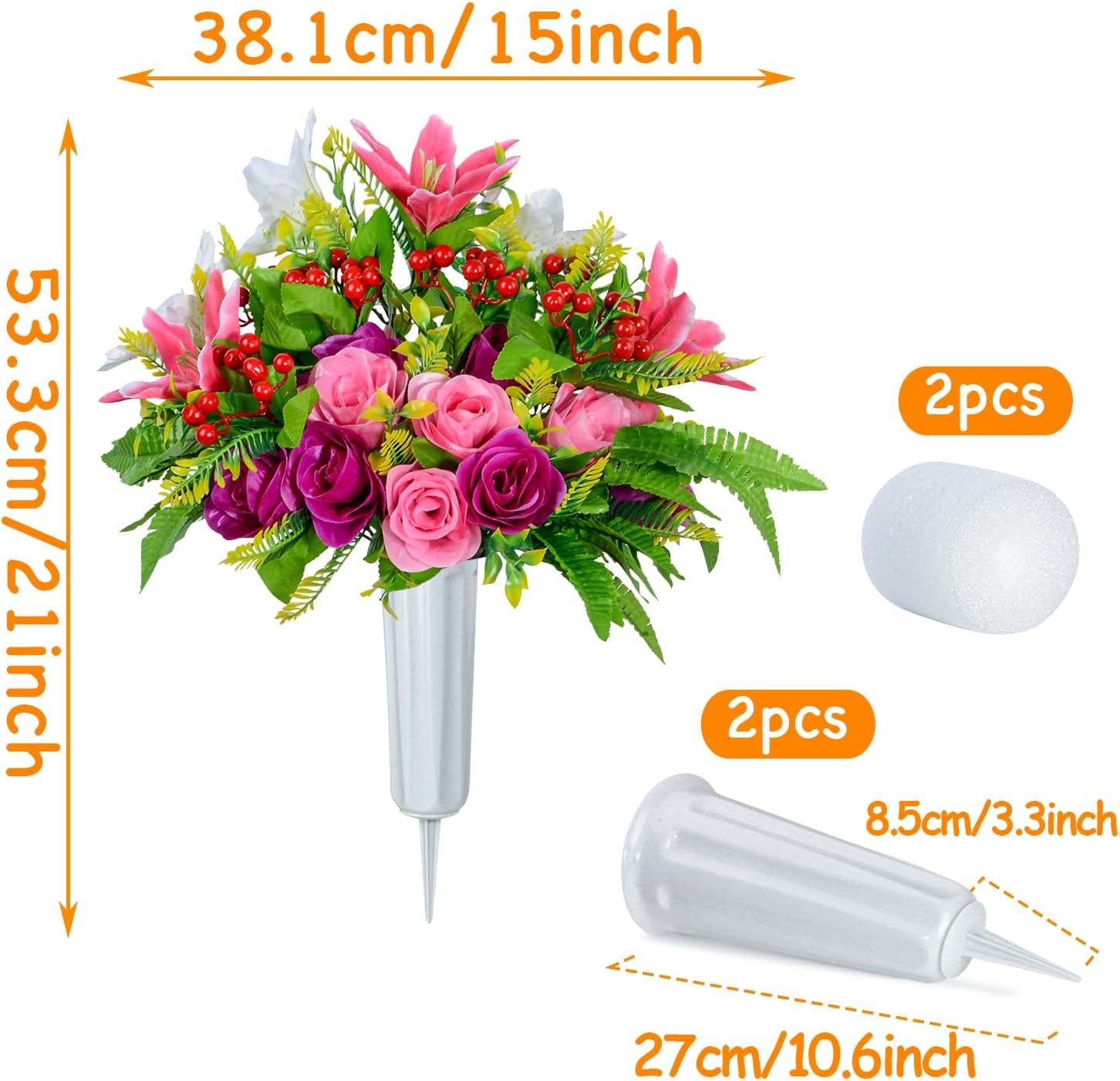 XONOR Artificial Cemetery Flowers with Vase, Set of 2 Artificial Rose Lily Bouqu