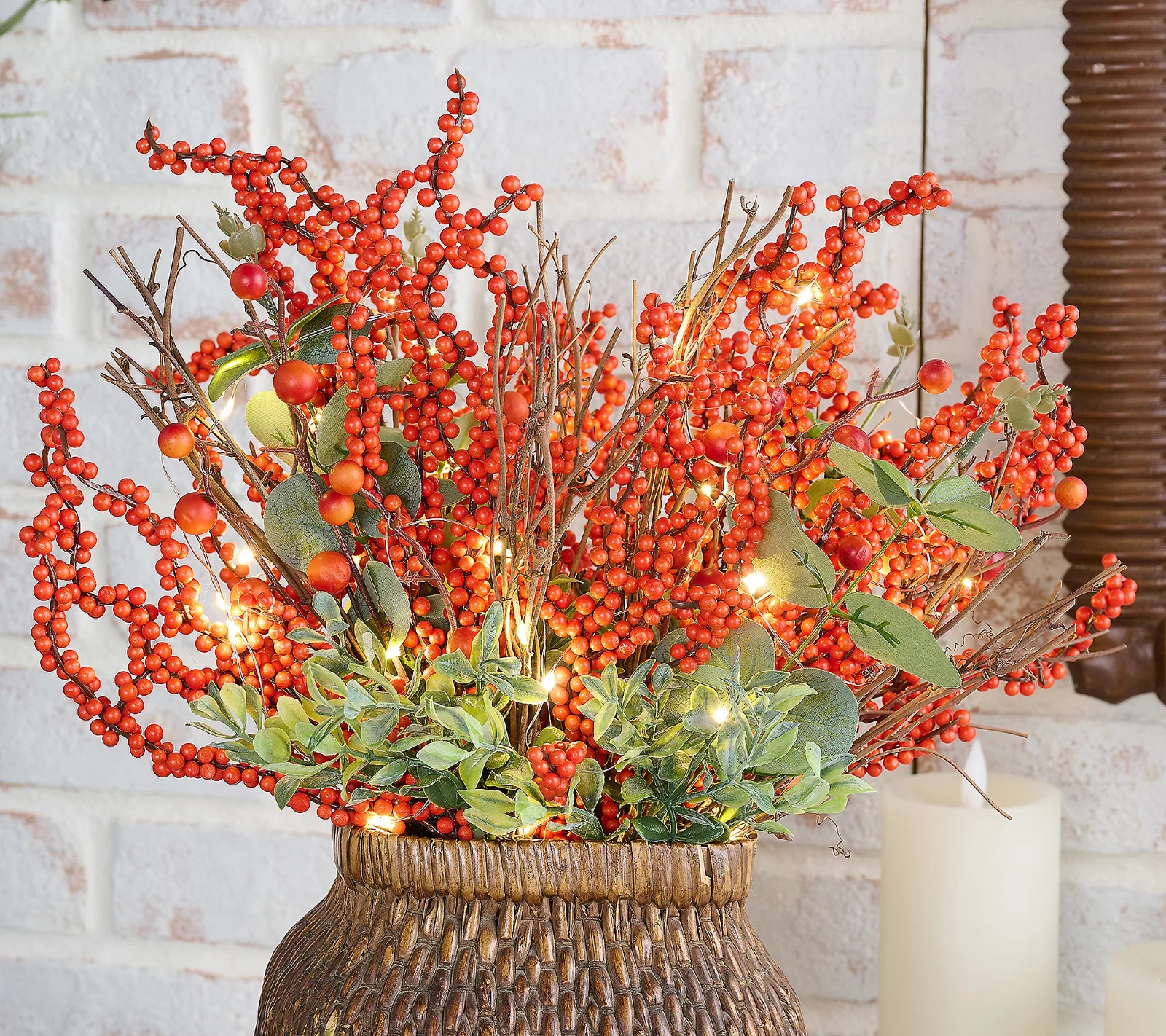 4 Lit Berry and Eucalyptus Picks by Valerie Harvest Orange Holiday Decor