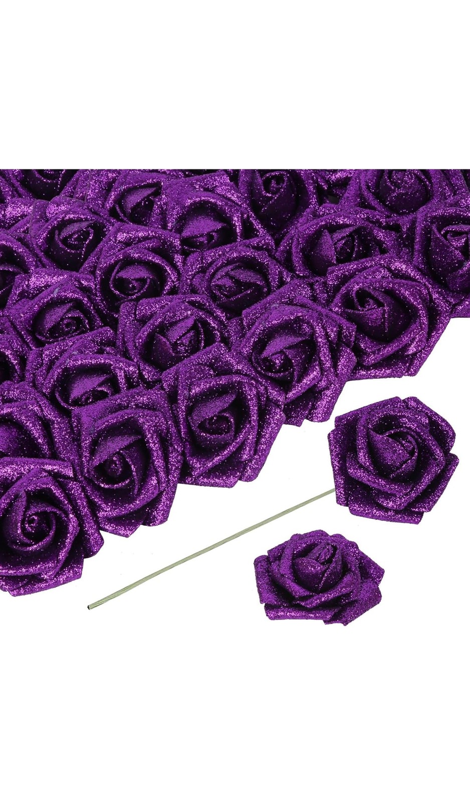 30PCS Purple Glitter Artificial Roses with Stems for DIY Crafts Wedding Decor