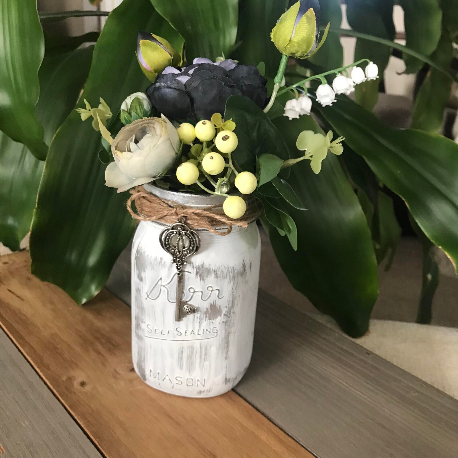 Handmade Black and Gray Floral Arrangement in Kerr Mason Jar