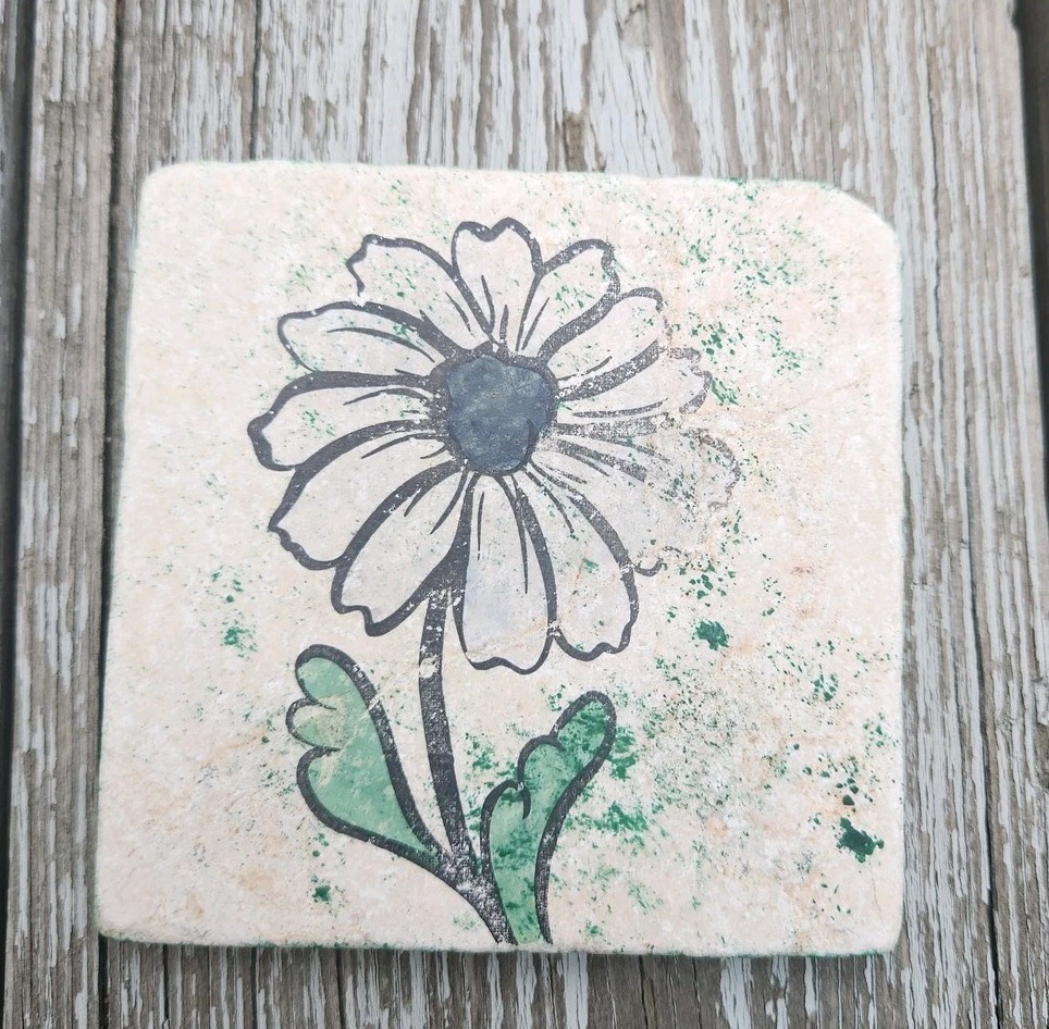 Handmade Floral Stone Tile Coasters Set 6 Flower Art Unique Home Decor Gift