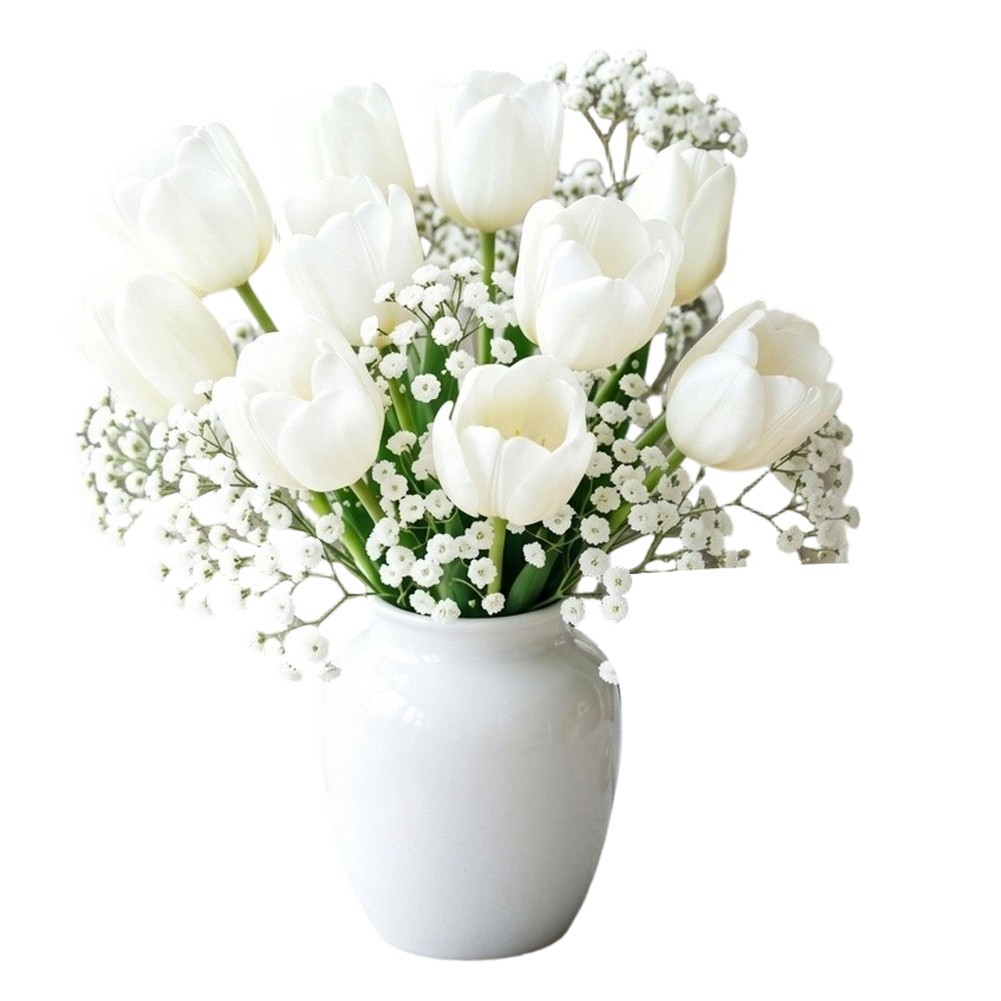 White Plastic Flower Bouquet 20 Stems with 10 Baby’s Breath 35cm 13.77in