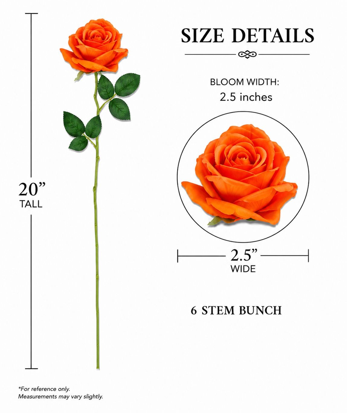Set of 6 Artificial Orange Roses 20 Inch Faux Rose Stems Fall Floral Arrangement
