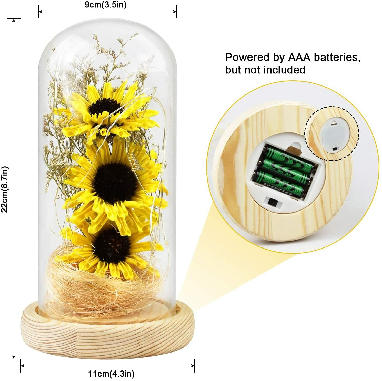Artificial Sunflower in Glass Dome with Led Light Strip Gifts for Women Mom Girl