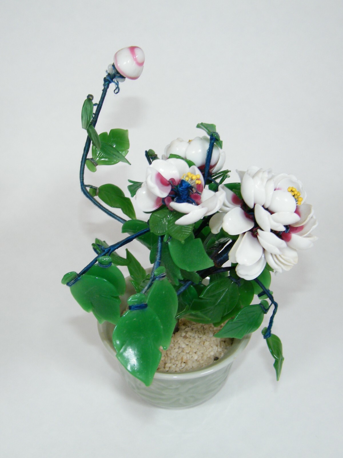 COLORED GLASS FLOWERS IN POT 10″ BONSAI TREE WHITE PINK GREEN POTTED