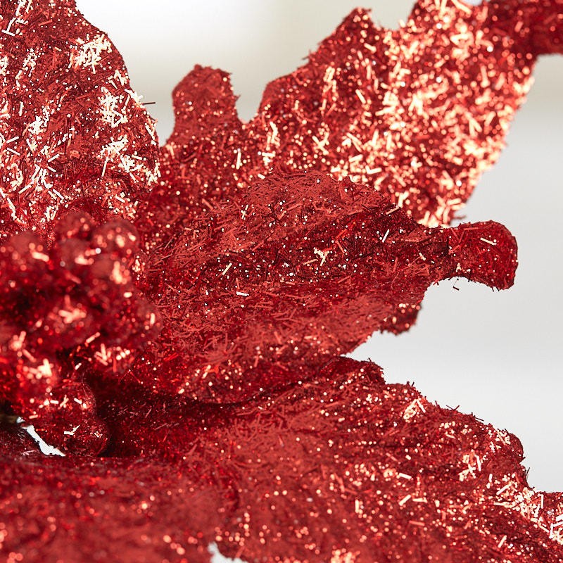 Set of 6 Sparkling Red Tinsel Artificial Poinsettia Floral Stems