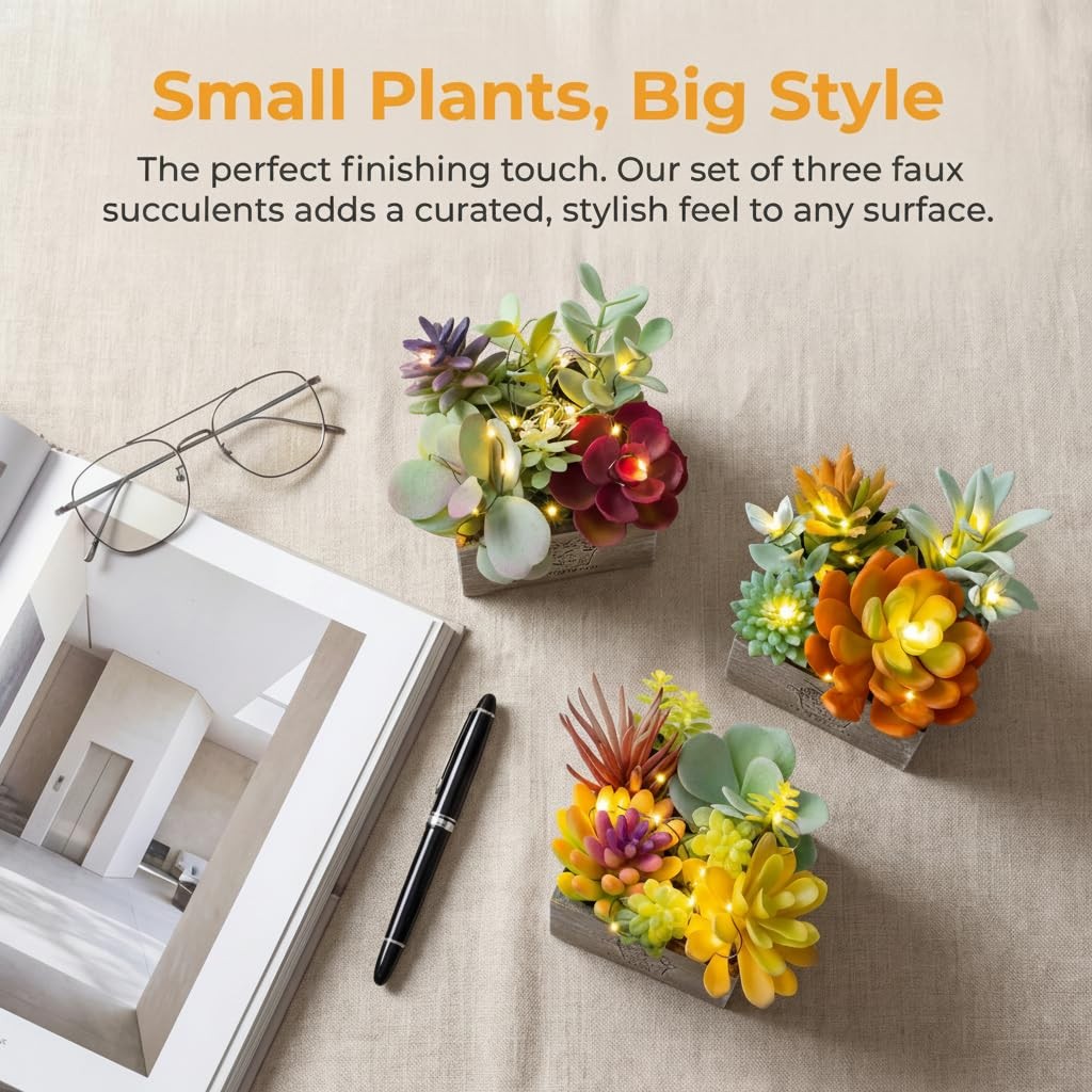Artificial Succulents Plants With Lights Small Faux Potted Decor Office