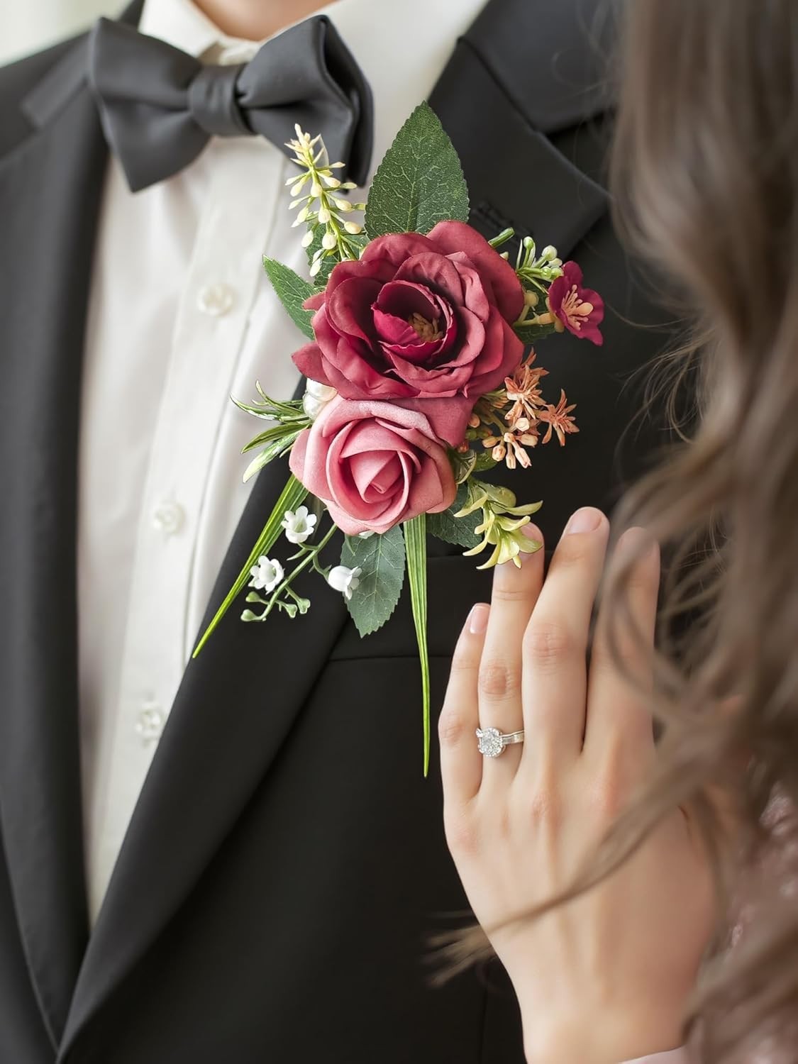 2 PCS Boutonniere For Men Suit Decor Flowers Groom Wedding Prom Burgundy Rose