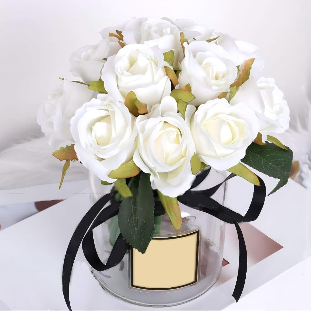 Stunning 12pc White Faux Silk Rose Bouquet – Ideal for Weddings & Parties