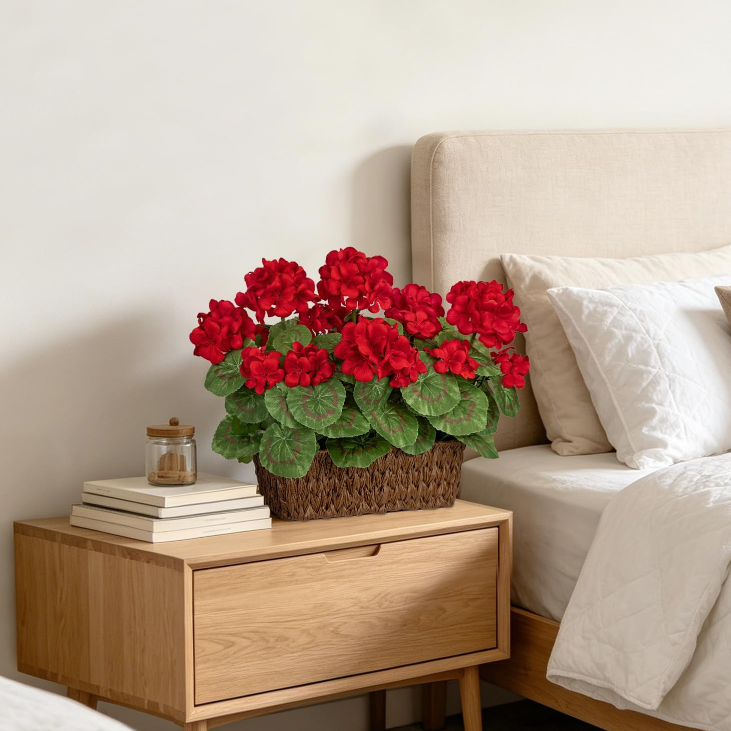 Briful Artificial Geraniums Flowers in Woven Basket Planter, Real Faux Red Silk