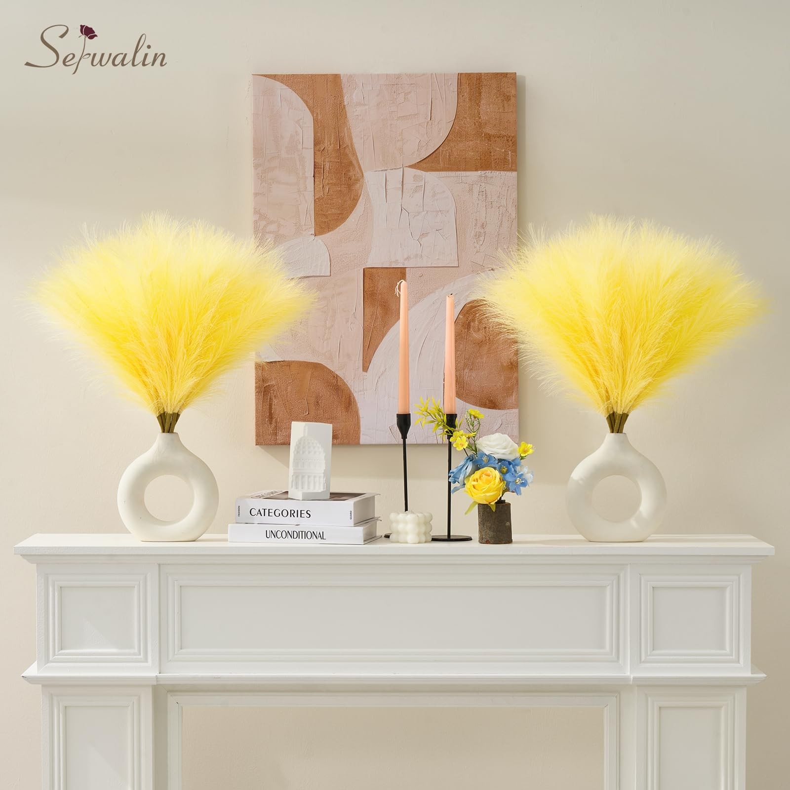 6 PCS Pampas Grass Decor 17.7 Inch Light Yellow Artificial Fluffy Vase Filler