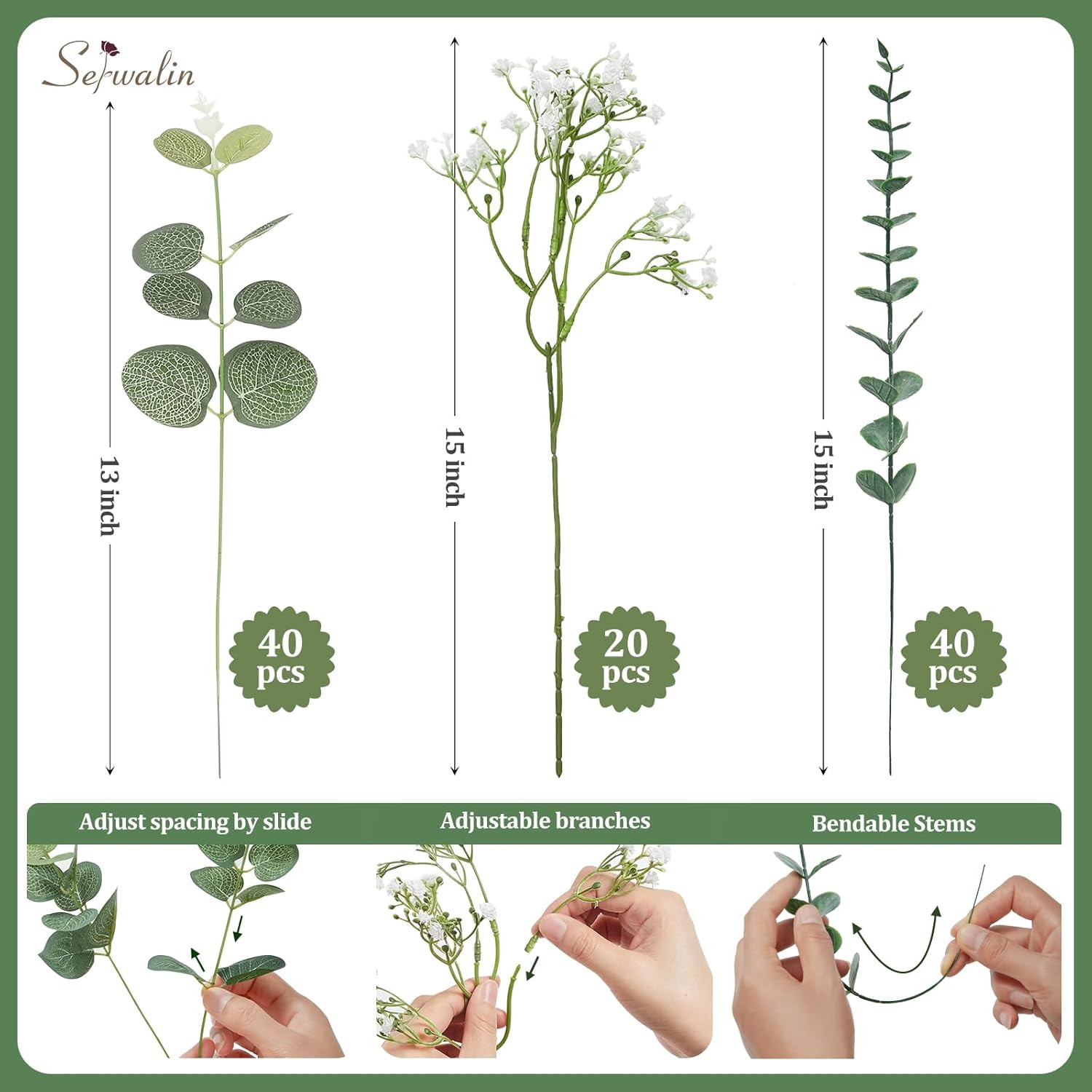100 Pcs Eucalyptus Stems & Babys Breath Flowers for DIY Bouquets & Decor