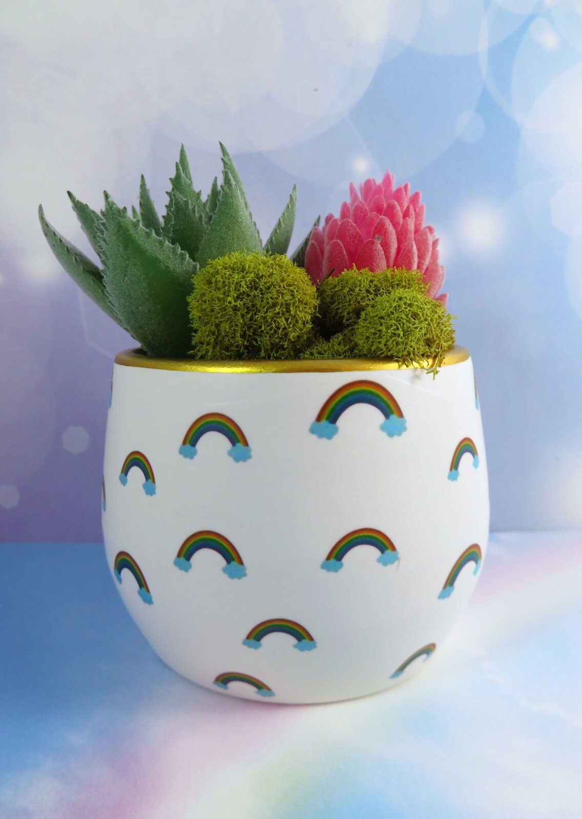 Mini Rainbows Ceramic Planter With Artificial Succulents 2.5 Inch Gold Rim New
