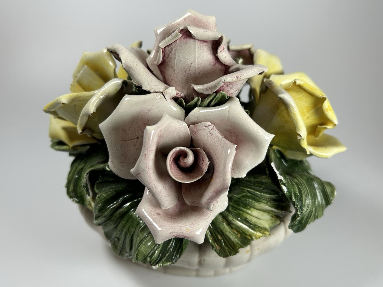 Porcelain Flower Centerpiece Capodimonte Italy Pink Yellow Roses 6.5” Long