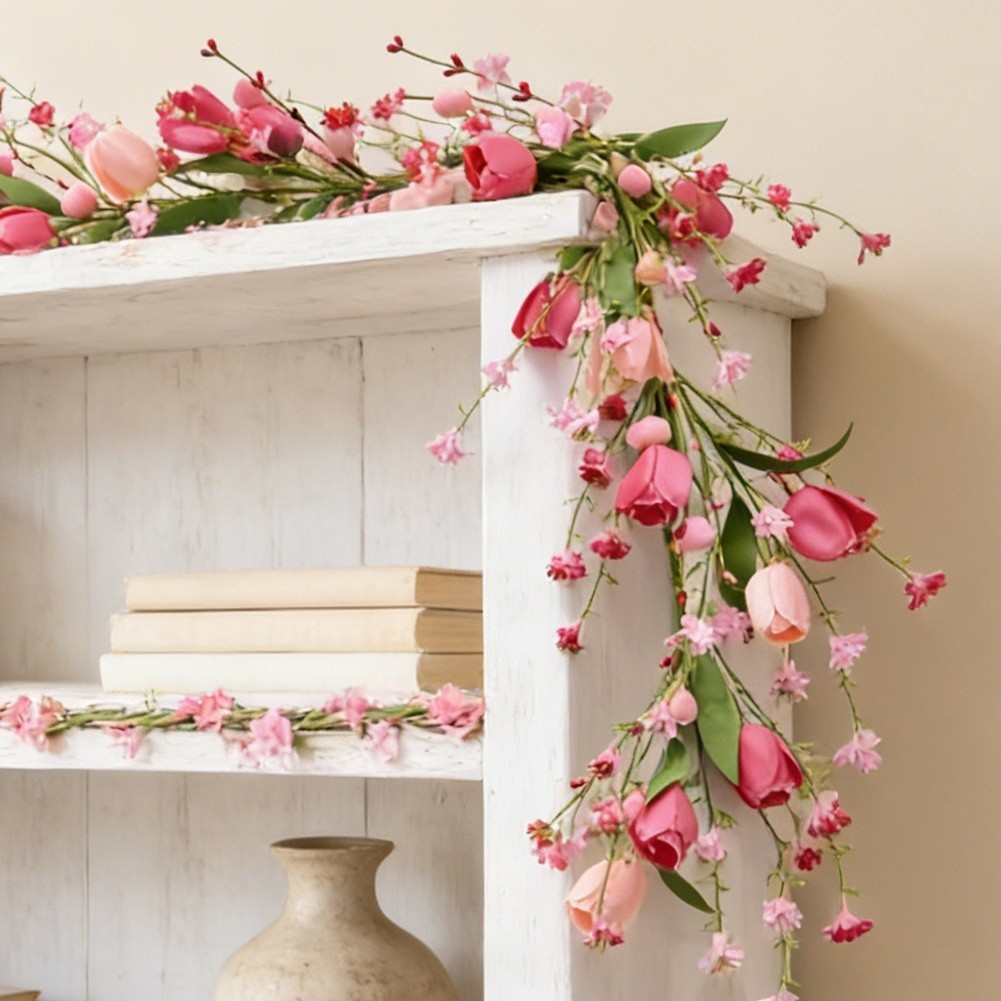 Artificial Tulip and Leaf Vine in Pink for Seasonal Holiday and Party Use