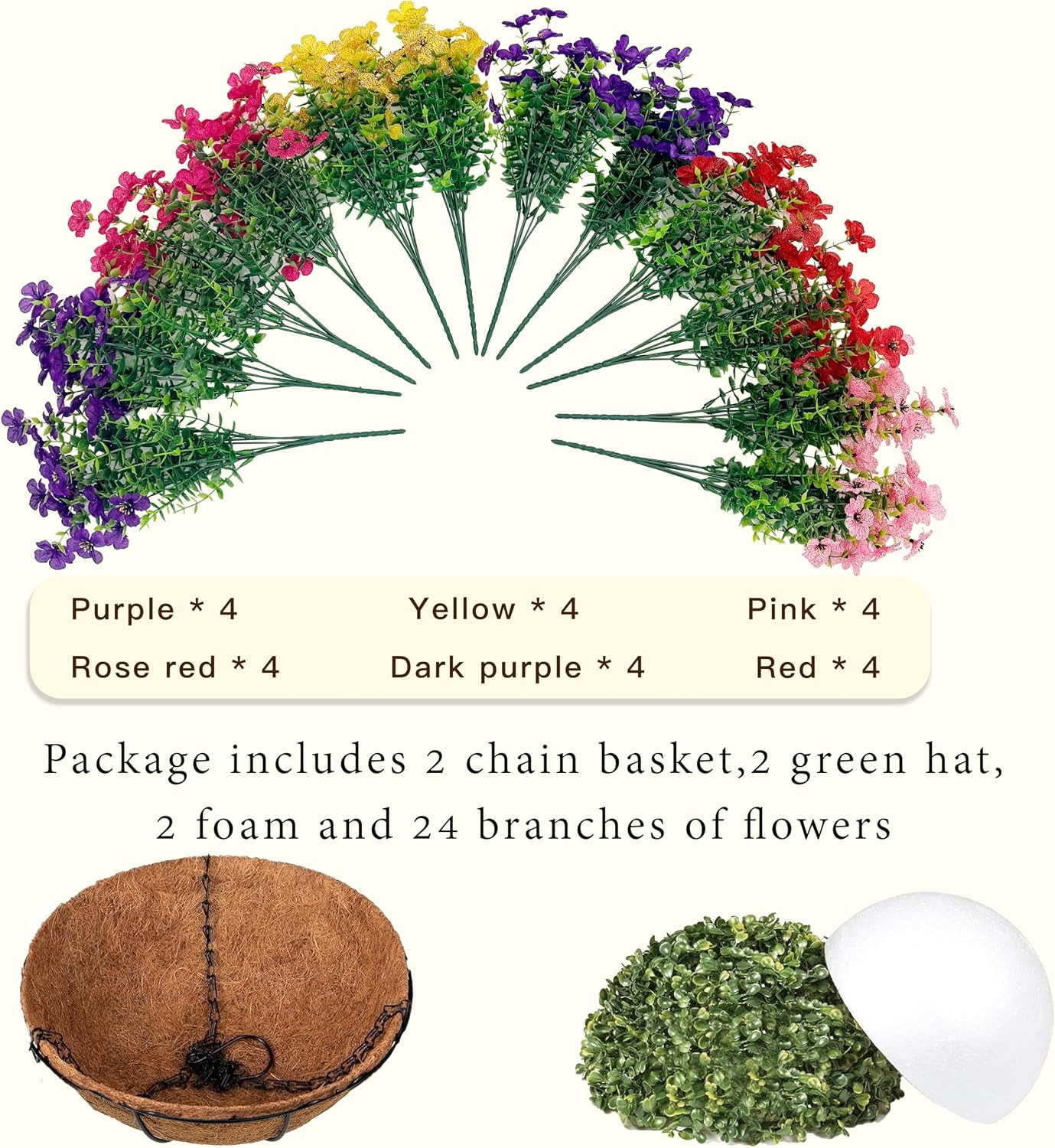 2 Set Artificial Hanging Flowers with Basket for Outdoor Decor, UV Resistant 24