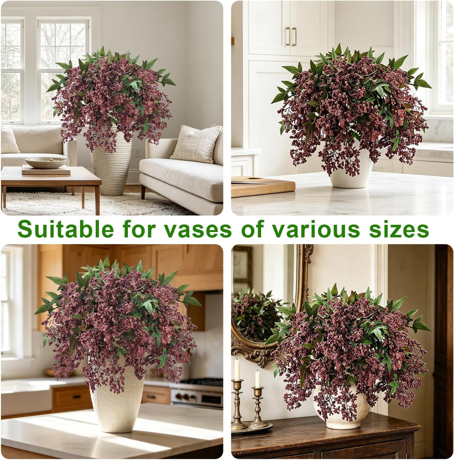 43 Inch Artificial Nandina Berry Stems for Vase, Realistic Fall Floral Stems Fau