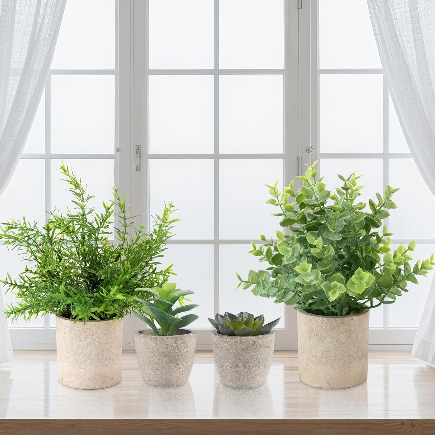 ALAGIRLS 4 Pack Small Fake Plants, 10″ Artificial Plants Indoor Eucalyptus/Rosem
