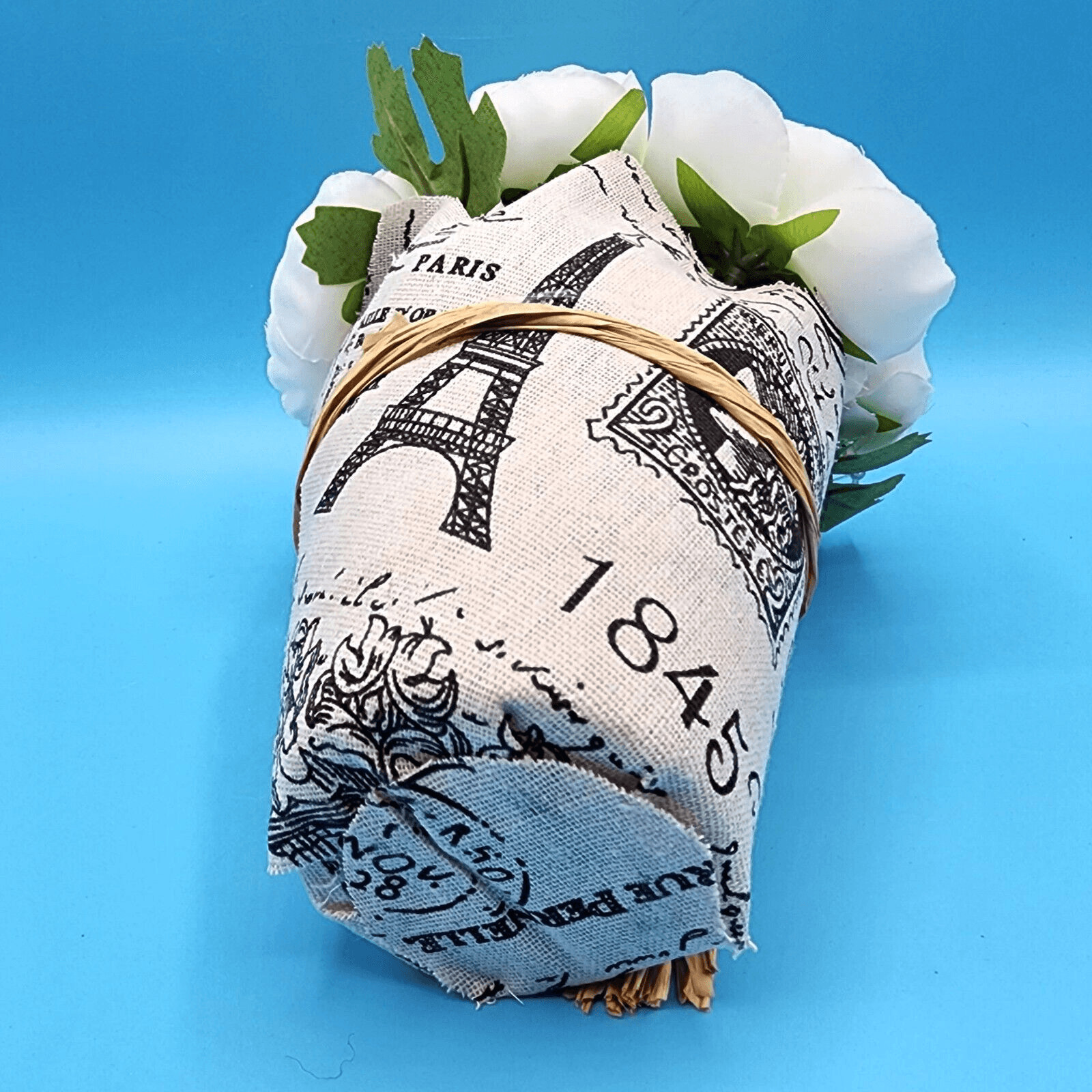 Peony Faux Floral Natural Linen Paris Themed Covered Pot 6 inch French Country