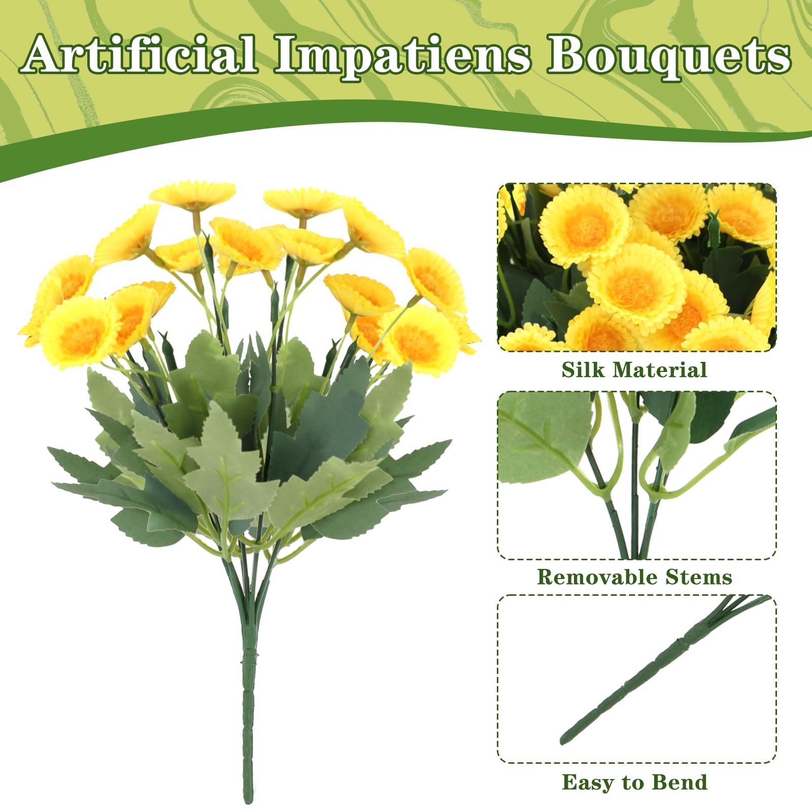12 Bundles UV Resistant Artificial Marigold Flowers – Realistic Silk Plants for