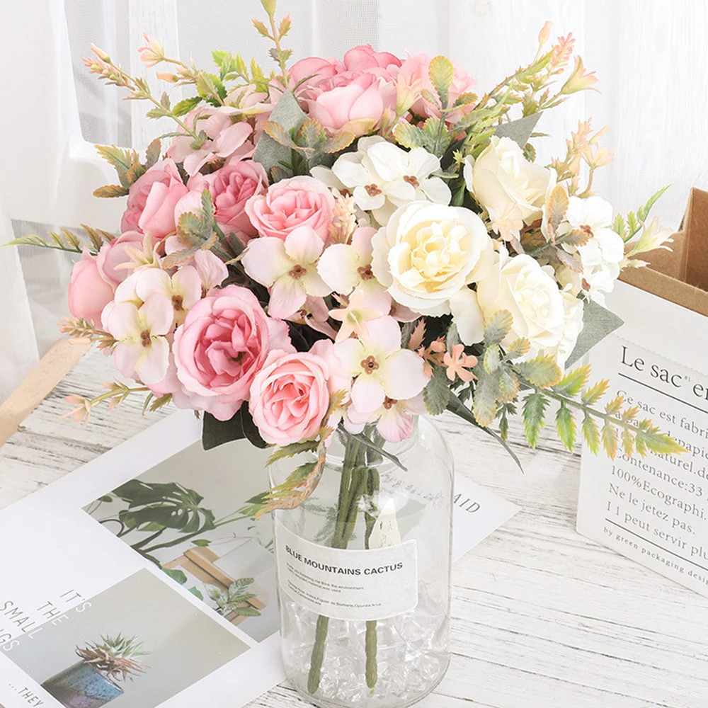 Home Decor Roses Autumn Artificial Flowers Silk Peony Hydrangea Big Bride