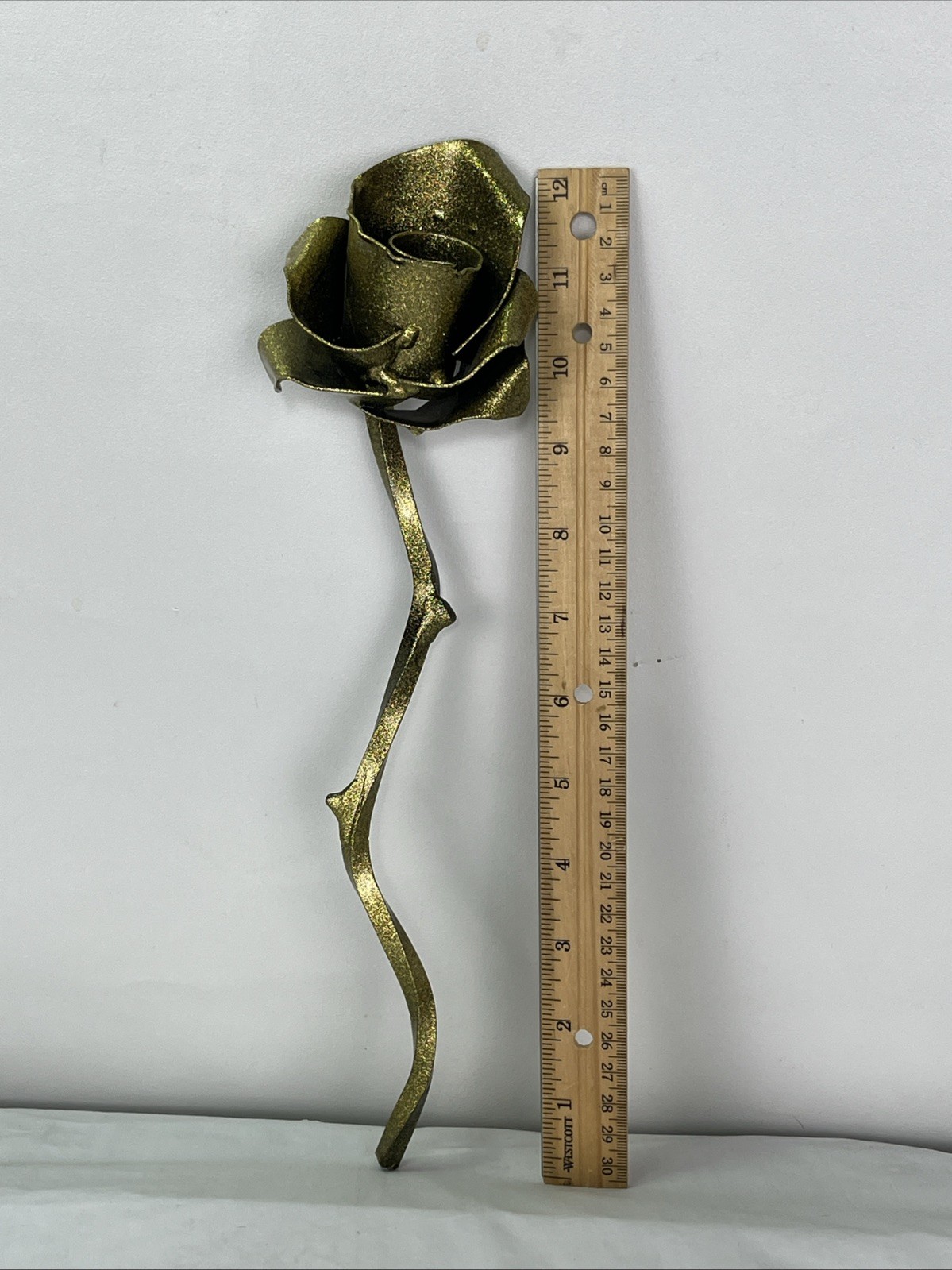 Hand Forged Rustic Metal Rose w/ Thorns Sculpture Gold Sparkles