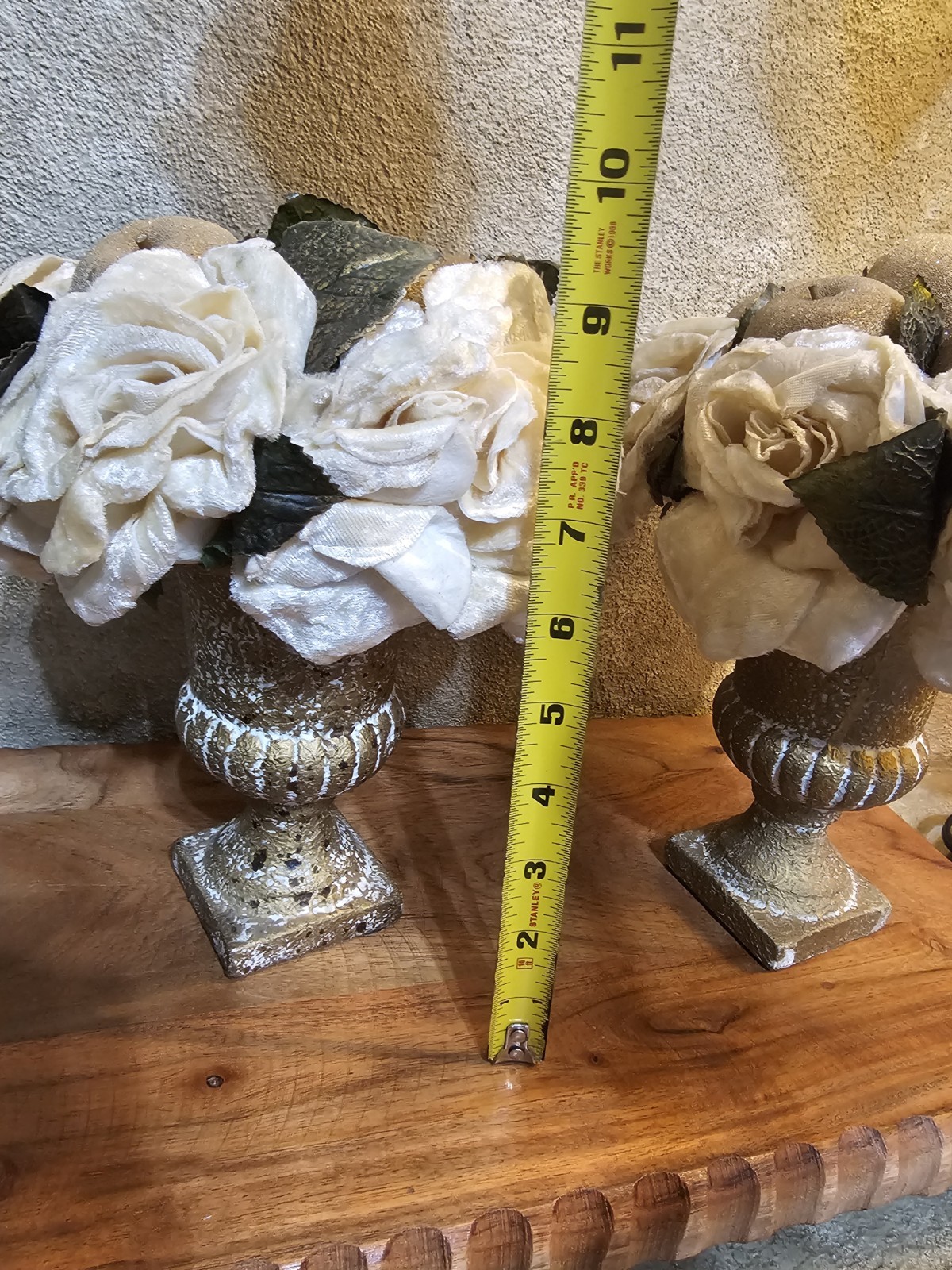 2 Vtg Velvet Floral Arrangement Cream Rose Glitter Apple in Champagne Urn/bowl