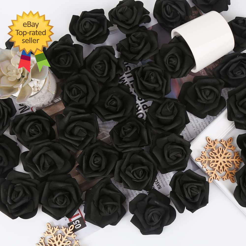 200Pcs Black Artificial Foam Rose Heads 3 Inch Fake Foam Roses Stemless DIY Set