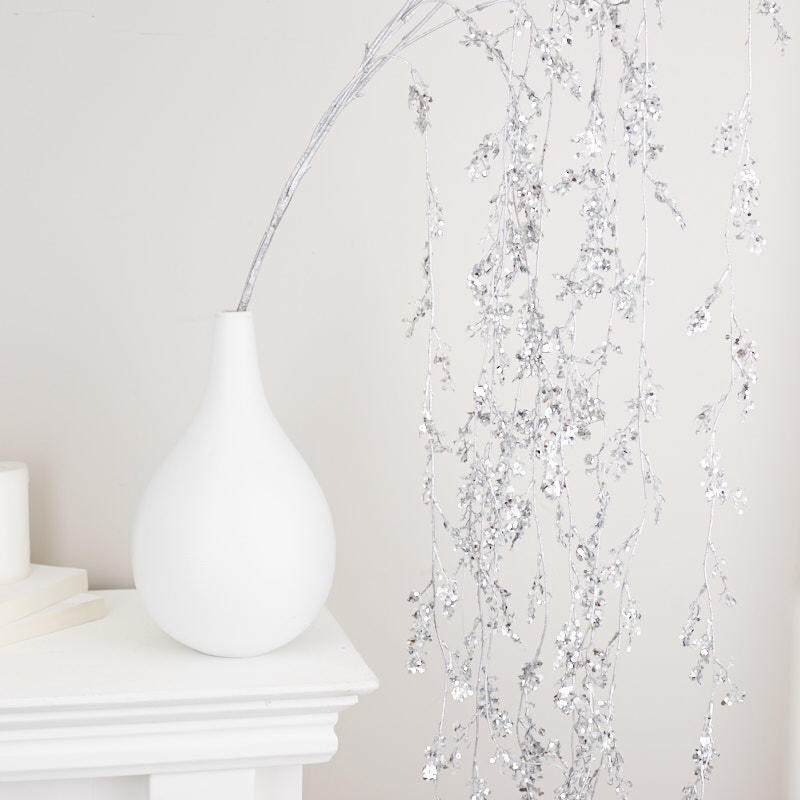 6ft Cascading Silver Glittered Floral Branch