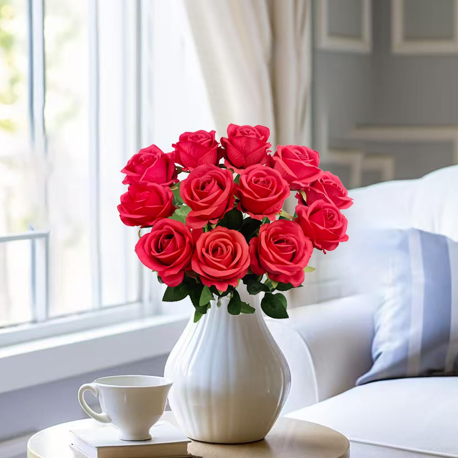 12PCS Fake Red Roses Artificial Red Flowers Bulk, Silk Faux Roses with Stems for
