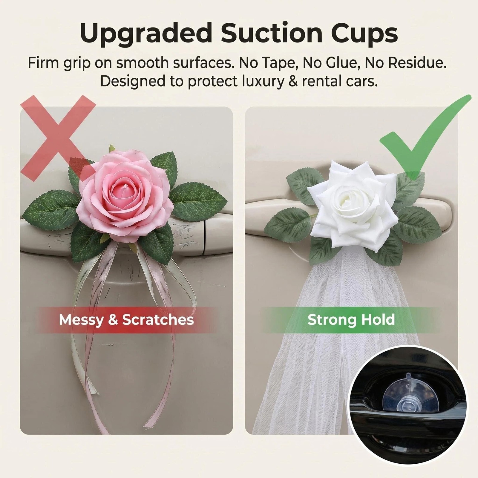 4 PCS White Rose Wedding Car Decorations Door Handle Flowers 4.7 Inch Bridal
