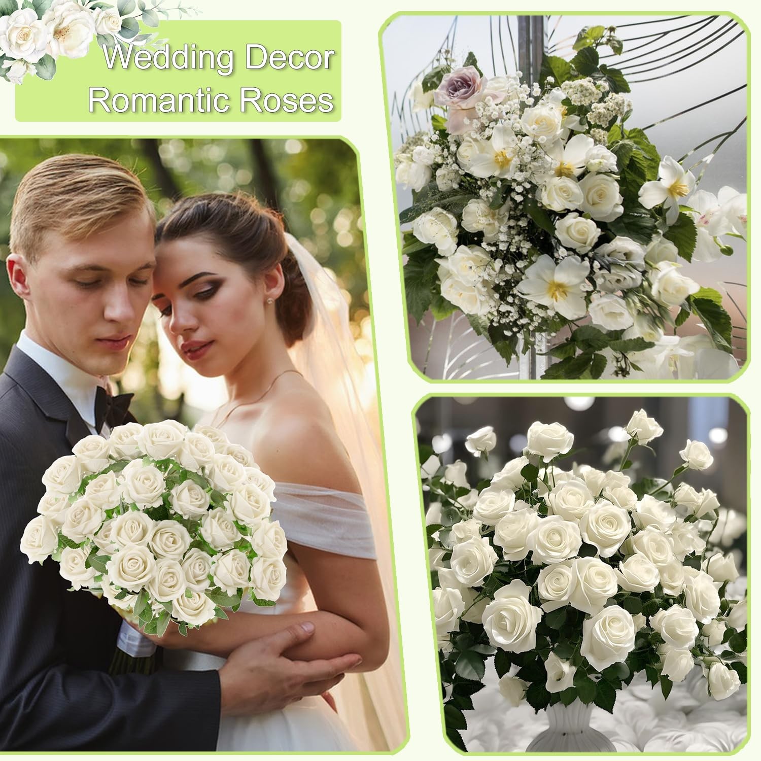 12Pcs White Roses Artificial Flowers Fake Roses Faux Velvet Silk Flower for H…