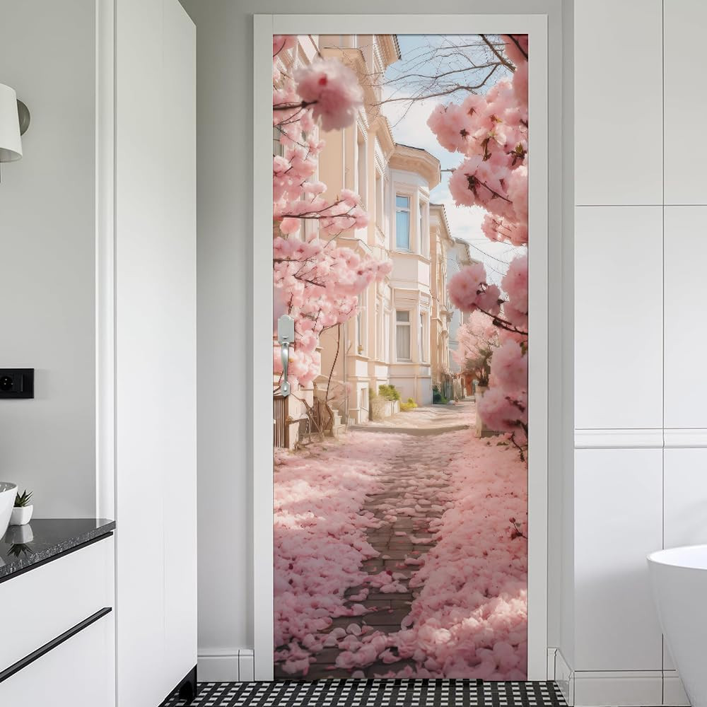 Pink Cherry Flower Blossom Pathway Landscape Peel and Stick Door Stickers Vinyl
