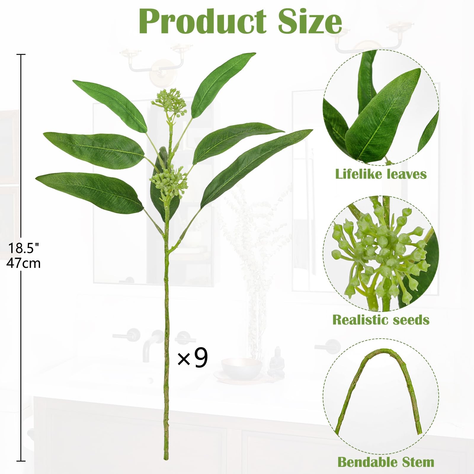 9Pcs Artificial Eucalyptus Stems Willow Eucalyptus Leaves, 18.5″ Fake Greener…